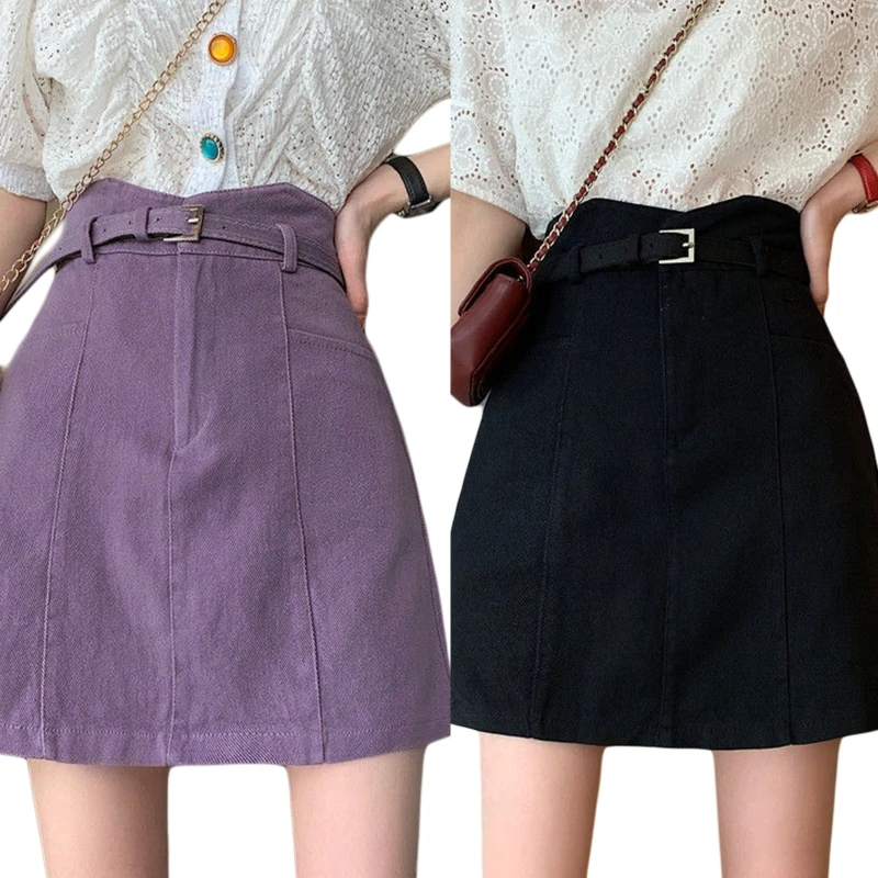 Women Summer Irregular Wave High Waist A-Line Denim Mini Short Skirt with Belt Basic Simple Solid Color Flare Hem Drop Shipping