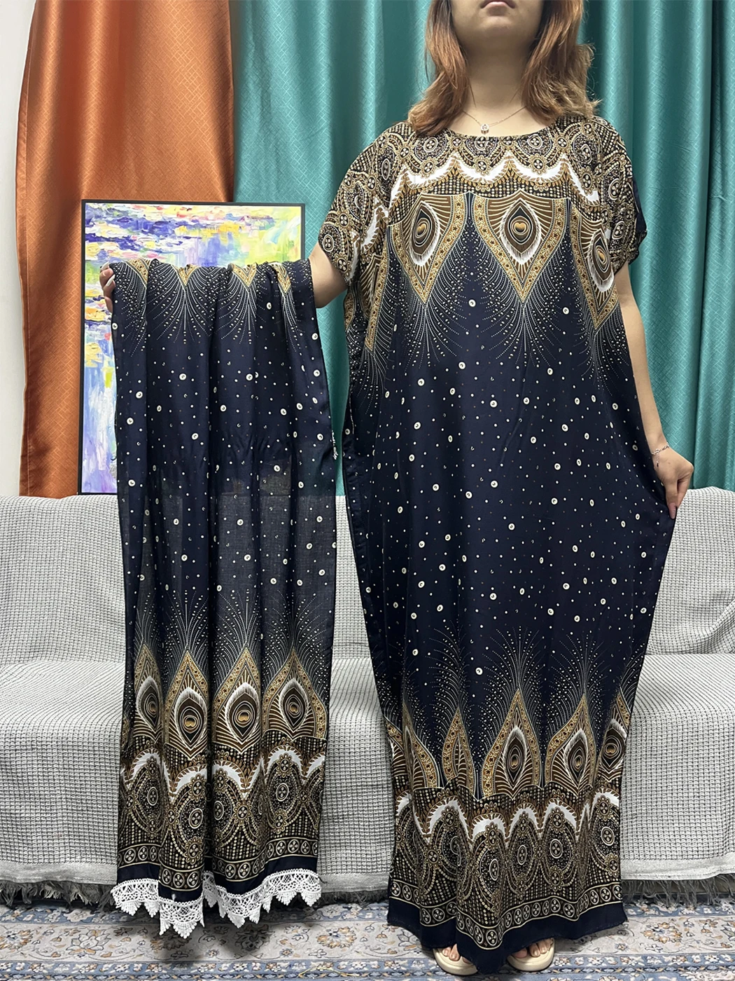 Abayas Voor Vrouwen Traditionele Ramadan Katoen Bedrukt Losse Femme Robe Islam Nigeria Jurken Gebedskleding Met 160X80Cm Sjaal