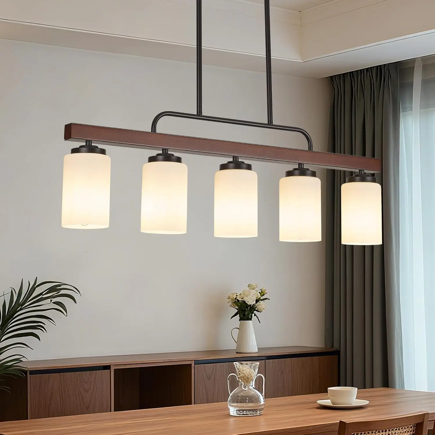 

Black Wood Kitchen Island Light with Milk Glass, 5-Light Industrial Chandelier for Dining Room