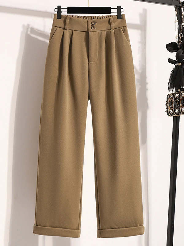 Women's Wide Leg Pants High Waist Thiened Woolen Roll  Autumn Winter plus Size Abdomen Control Long Length Straight Cut