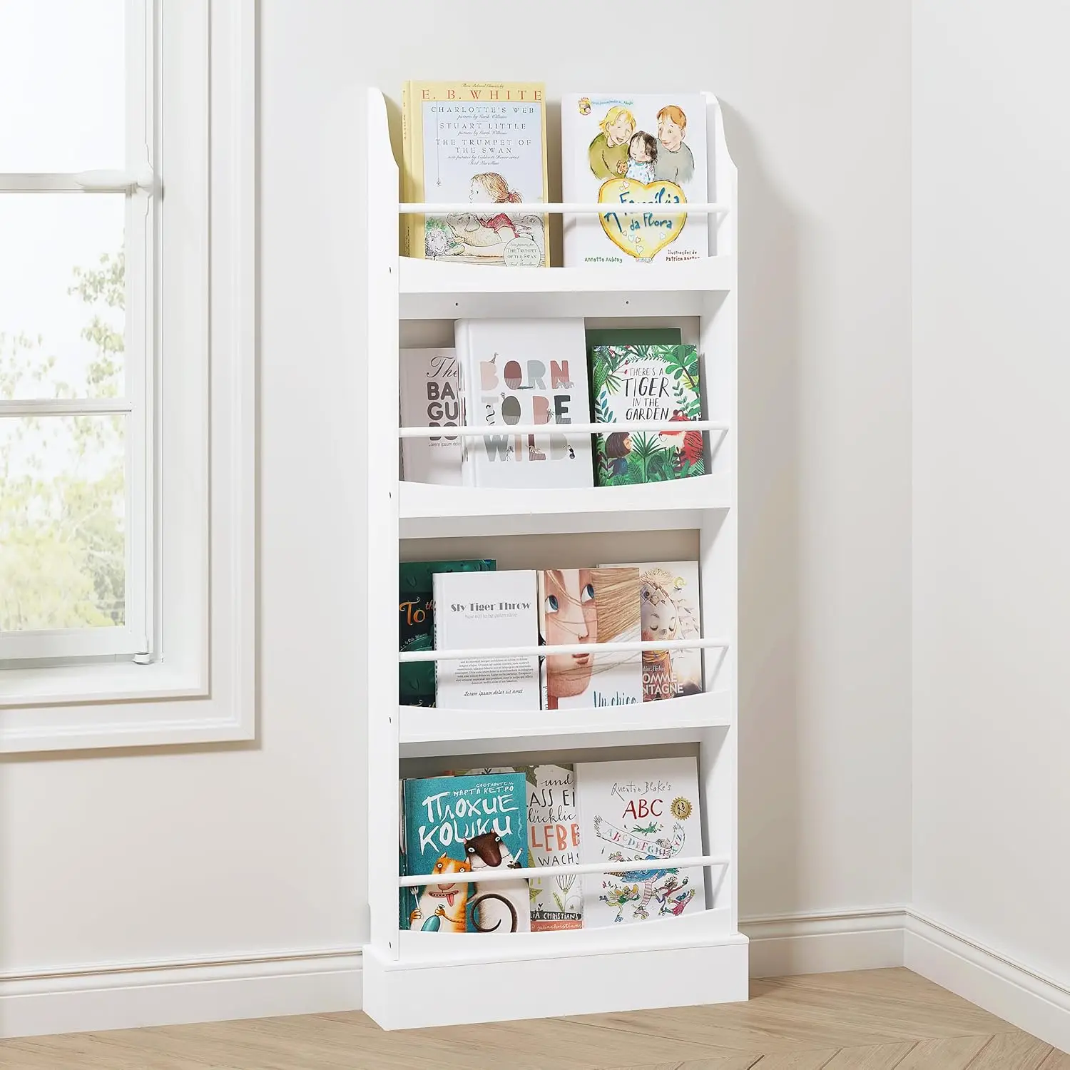 

4-Tier Kids Wall-Mounted Bookshelf, White - Safe Storage for Bedroom, Study & Living Room