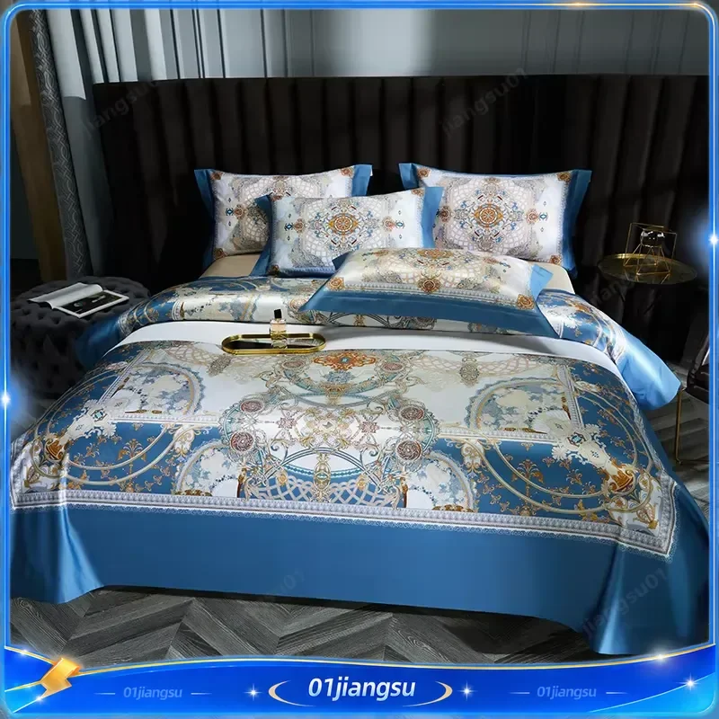 Luxury Blue Egyptian Cotton Bedding Set Retro Digital Print Duvet Cover Quilt Sheet Pillowcase Home Textile Bedroom Decor
