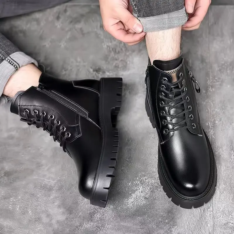 2026 Spring Autumn Side Zip Thick Sole Cargo Ankle Boots Unisex Platform Chunky Heel Glossy Leather Lace Up Short Boots