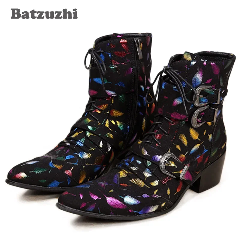 

Batzuzhi Western Rock Fashion Men Boots Mid-Calf Motocycle Boots Men Stylist Pointed Iron Toe Black Suede Leather Boots Men, 46