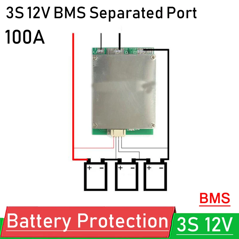 3S 12V 100A 18650 li-ion Lithium battery protection board BMS balance charging Separated Port Outdoor Light inverter