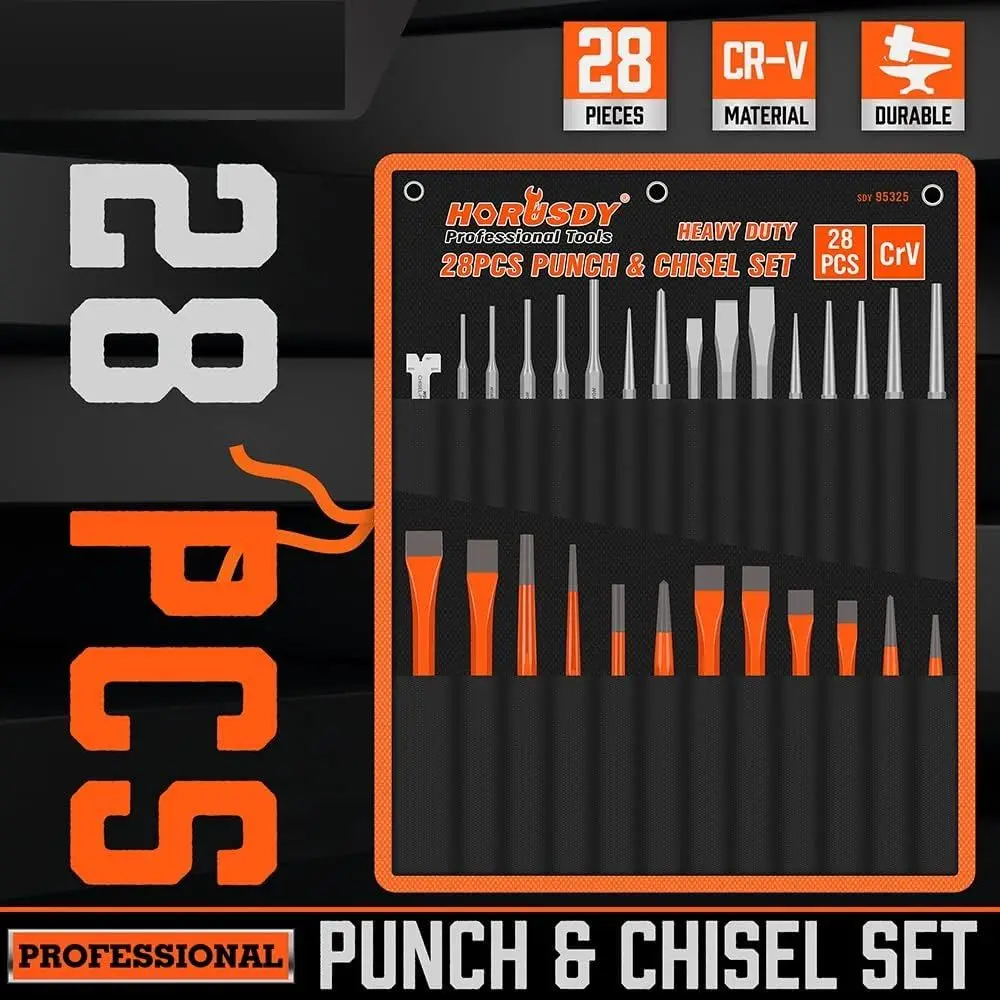 28-Piece Heavy Duty Punch and Chisel Set, Including Taper, Cold Chisels, Pin, Center Punch