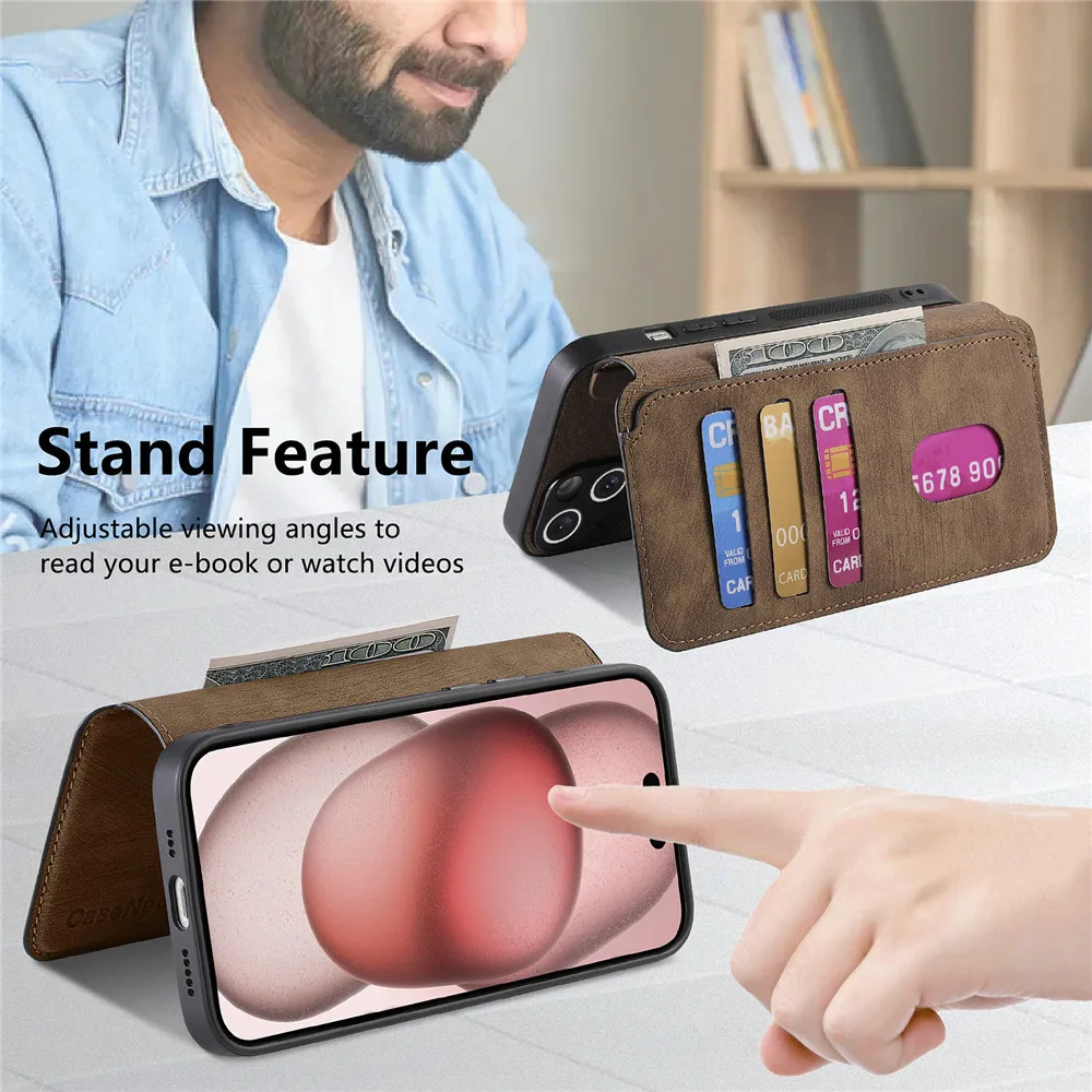 2-in-1 abnehmbare Magnetkarten Solt Wallet Book Case für iPhone 16 15 Pro Max 14 Plus 13 12 Wireless Charging Flip Holder Cover