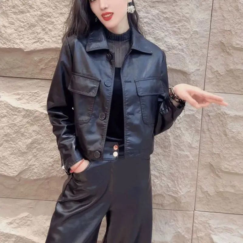 Women's Spring and Autumn Top Coat Jacket Retro Short Leather Jacket Solid Color Simple Comfortable High-end Soft Versatile Slim