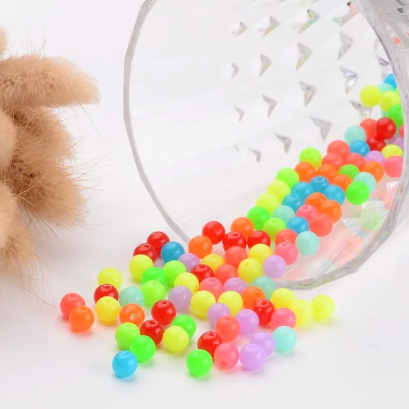 200pcs Fluorescent Acrylic Beads  Round  Mixed Color  6mm  Hole: 1.5mm