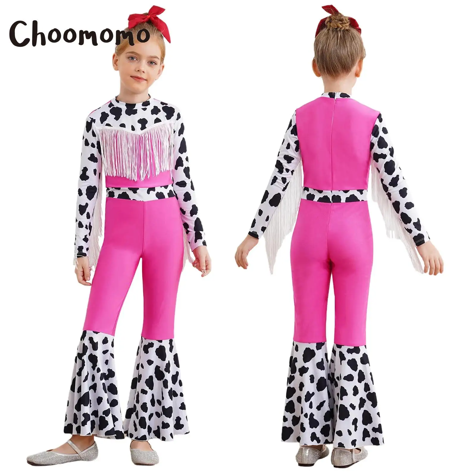 

Western Cowboy Cowgirl Costume Halloween Cosplay Themed Party Jumpsuit Girls Long Sleeve High Waist Fringe Flared Bodysuit
