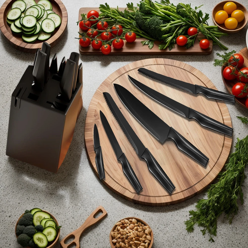 14-teiliges schwarzes Antihaft-Küchenmesserset aus hochwertigem Kohlenstoffstahl mit Kochmesser, Brotmesser, Allzweckmesser, Schälmesser, Messerblock und integriertem Messerschärfer sowie Küchenschere – Detail 11