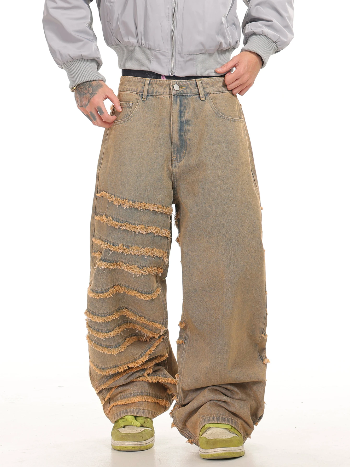 Men's multi-layer stitched fringed ruffle craftsmanship loose trendy wide-leg denim pants in US/European sizes