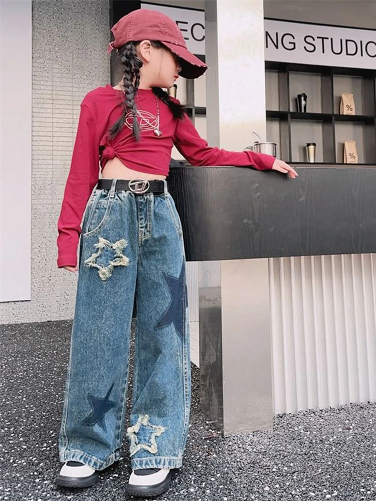 Girls Five Star Pattern Jeans Spring Fashion Teenage School Casual Straight Wide Leg Jeans for Kids 4-15 Years Children Trousers