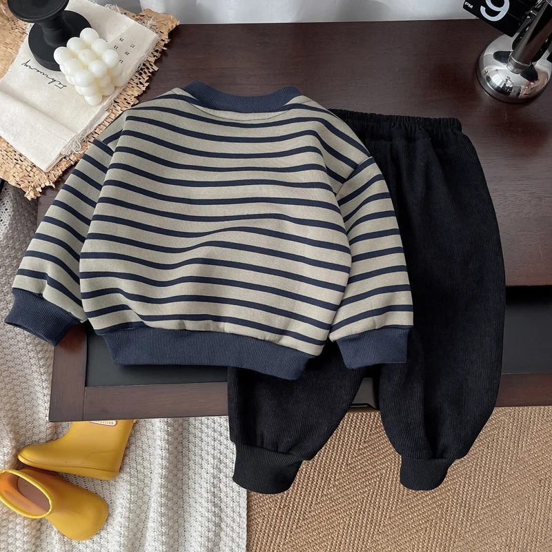 Winter Kids Warm Sets Autumn Baby Stripe Fleece Suits Boys Girls Pullover+Pants 2Pcs Tracksuit Outfits Children Clothes 1-5 Year