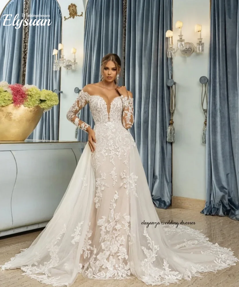 Customized Elegant wedding dress V-neck long-sleeved detachable tail-tail women's wedding dress Vestido de novia