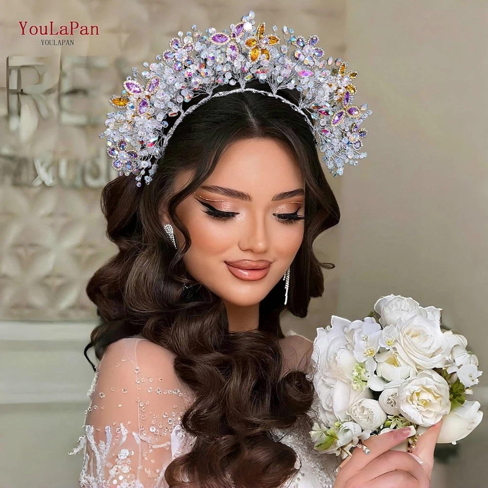 

Youlapan Luxury Bride Flower Crystal Crown Headband Wedding Tiara Headpiece Princess Queen Crystal Crown for Banquet Party HP946
