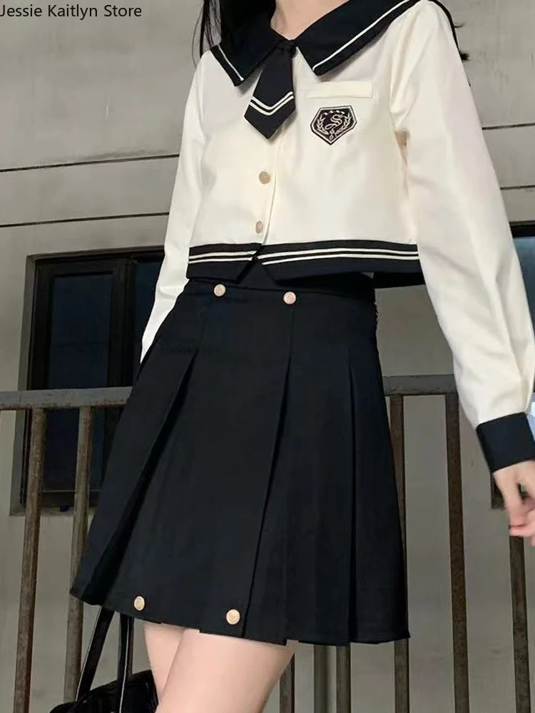 Korean Kawaii School Sailor Uniform Women Japanese Girl College Cosplay JK Uniform Autumn Long Sleeve Top and Pleated Skirt Sets