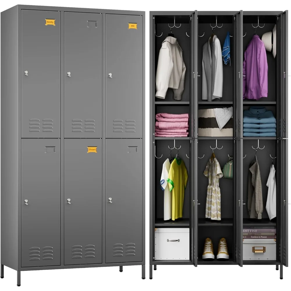 

6 Doors Metal Lockers for Employees with 18 Hooks,Meta Storage Locker with Business Card Holder for School Office Gym Garage Hom