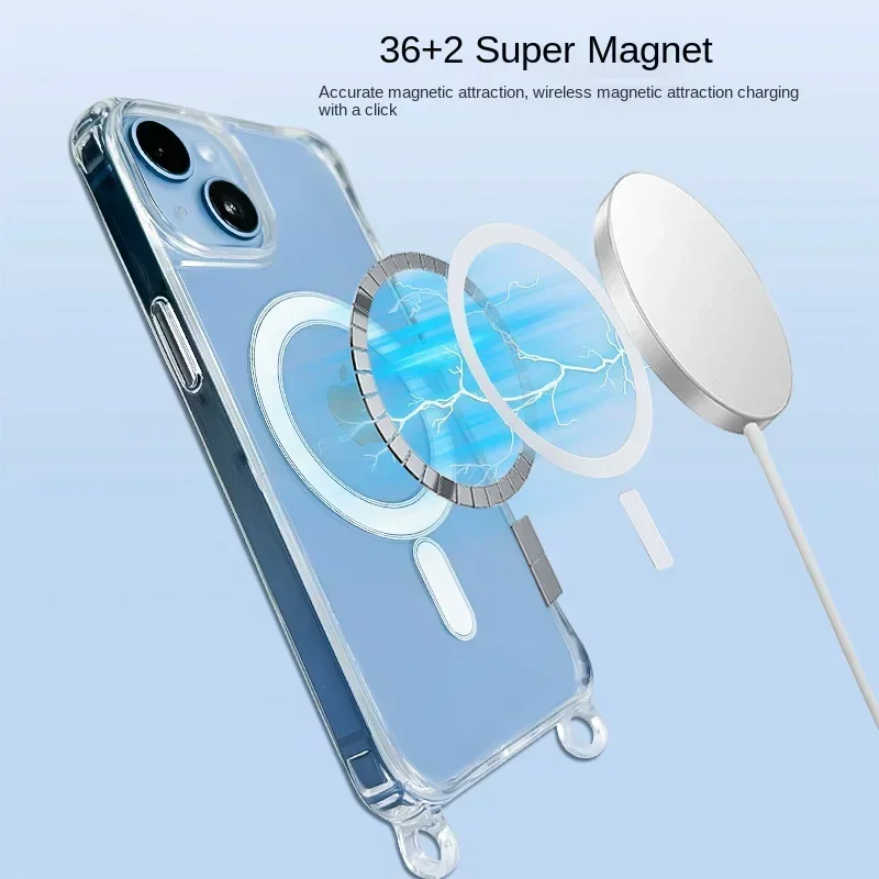 Crossbody Lanyard Clear Magnetic Case For iPhone 16 15 Plus 14 13 12 Pro Max 11 For Magsafe Acrylic Hard PC Back Cover