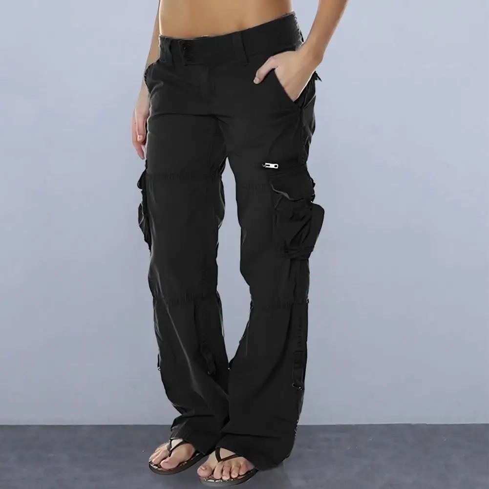 여성 카고 팬츠 로우라이즈 멀티 포켓 디자인 와이드 웨이스트 레트로 스타일 크롭 오버롤 솔리드 컬러 스트레이트 레그 여성 작업복 바지