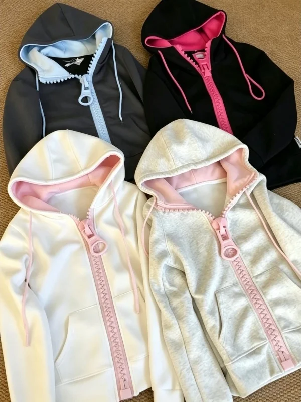 Thickened Fleece Hooded Zipper Cardigan Contrast Color Sporty Casual Outerwear for Women Korean Style Commute Autumn Season