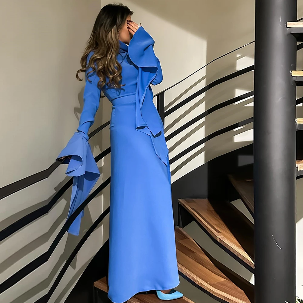 

Blue Flare sleeves Evening Dress Saudi Arabia Jersey Draped Pleat Ruffles Celebrity Straight High Collar Bespoke Occasion Gowns