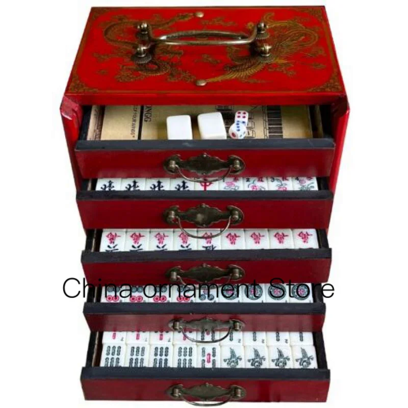 Portable Retro Mahjong 144 Tile Game Mahjong Set Wood 5 Drawer Trolley Box