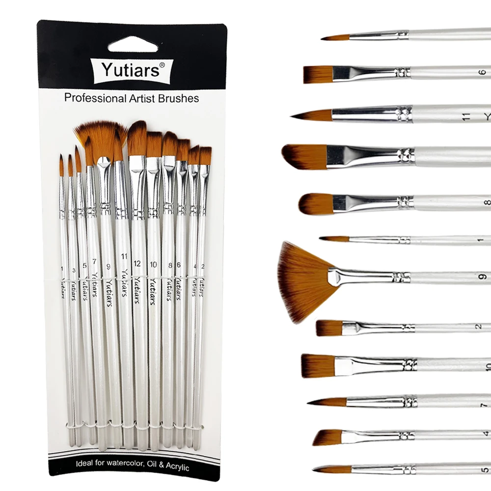 12 ピースナイロン毛ブラシセット、ナイロンフラットブラシ水彩ブラシオイルペイントブラシアーティストアマチュアアクリル絵画用