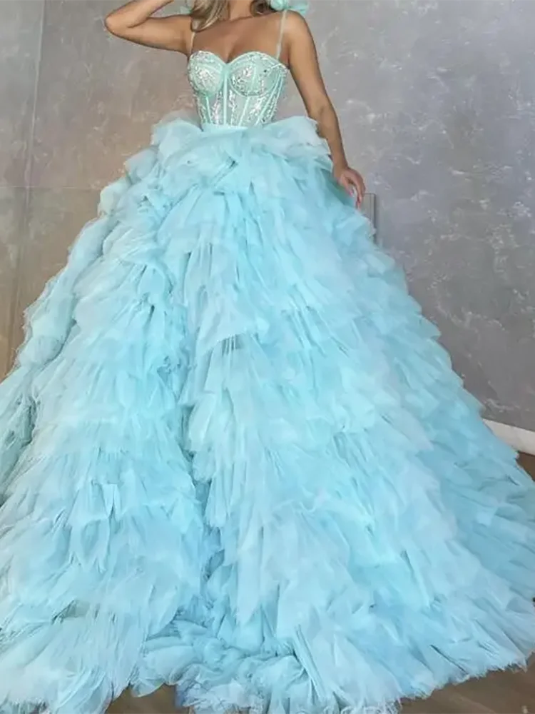 

Classic Sweetheart Sky Blue Sleeveless Beading Ball Gown Formal Evening Dresses Birthday Party Prom Gowns Customized