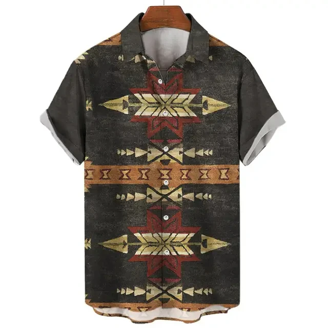 Ethnic Style Pattern Design Casual Men Women Tops Printed Shirts Short Sleeve Shirts Button Up Fashion Tops