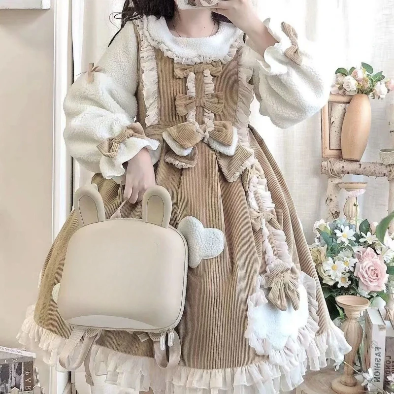 Kawaii Outfits Japanese Sundresses Women Ruffle Jsk Lolita Dress + Cute Lamb Wool Hoody Girls Sweet Two Pieces Set Y2k Aesthetic