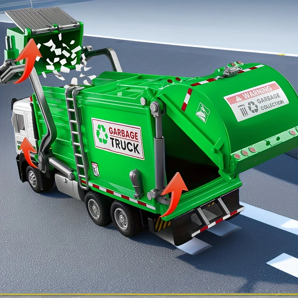 Conjunto de brinquedos de veículo de saneamento para sala de motorista de liga - com efeitos sonoros e luminosos, modelo de caminhão de lixo de simulação com 4 latas de lixo