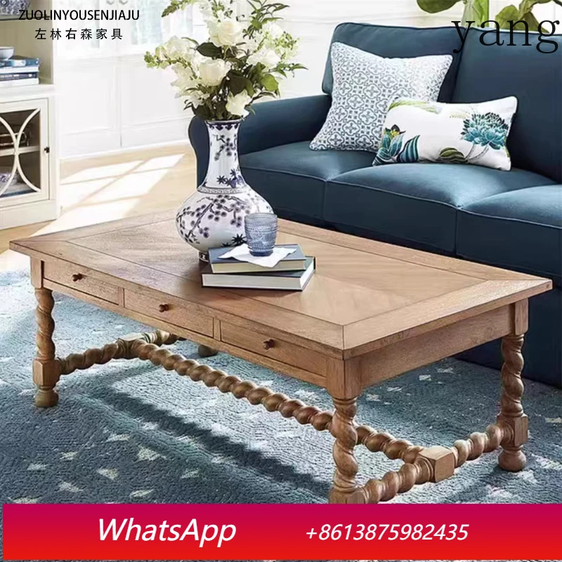 

LMM retro solid wood coffee table living room household small apartment tea table rural old carved coffee table
