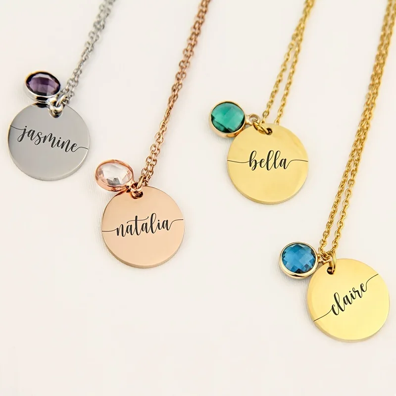 

Custom Engraved Names Women Necklace Gift Personalized Stainless Steel Birthstone Pendant Trend Choker Jewellery For Couple