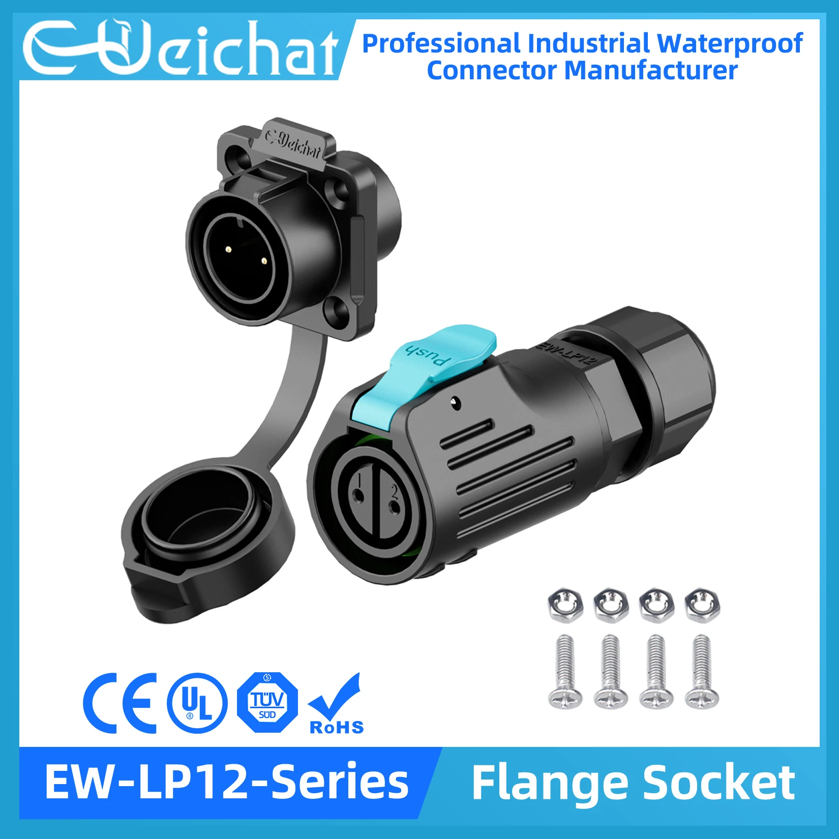 

EW-LP12 Waterproof Connector IP68 Industrial Circular Aviation Electrical Connector PBT Shell M12 2-8 Pin Flange Socket