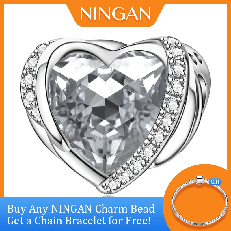 

NINGAN Silver Zircon Heart April Birthstone 925 Sterling Silver Beaded Charm for Women Bracelet Diy Making Birthday Gift