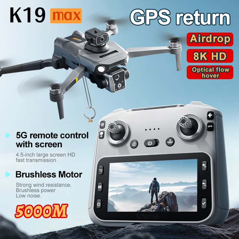 طائرة بدون طيار K19 Max جديدة بشاشة كبيرة 4.5 بوصة 360 درجة °   تجنب العوائق GPS لتحديد المواقع وتحديد المواقع بالتدفق البصري RC Airdrop جهاز الطائرة بدون طيار