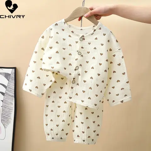 어린이 여름 얇은 잠옷 세트 새로운 2023 소년 소녀 만화 3/4 소매 면사 셔츠 바지 아기 Loungewear