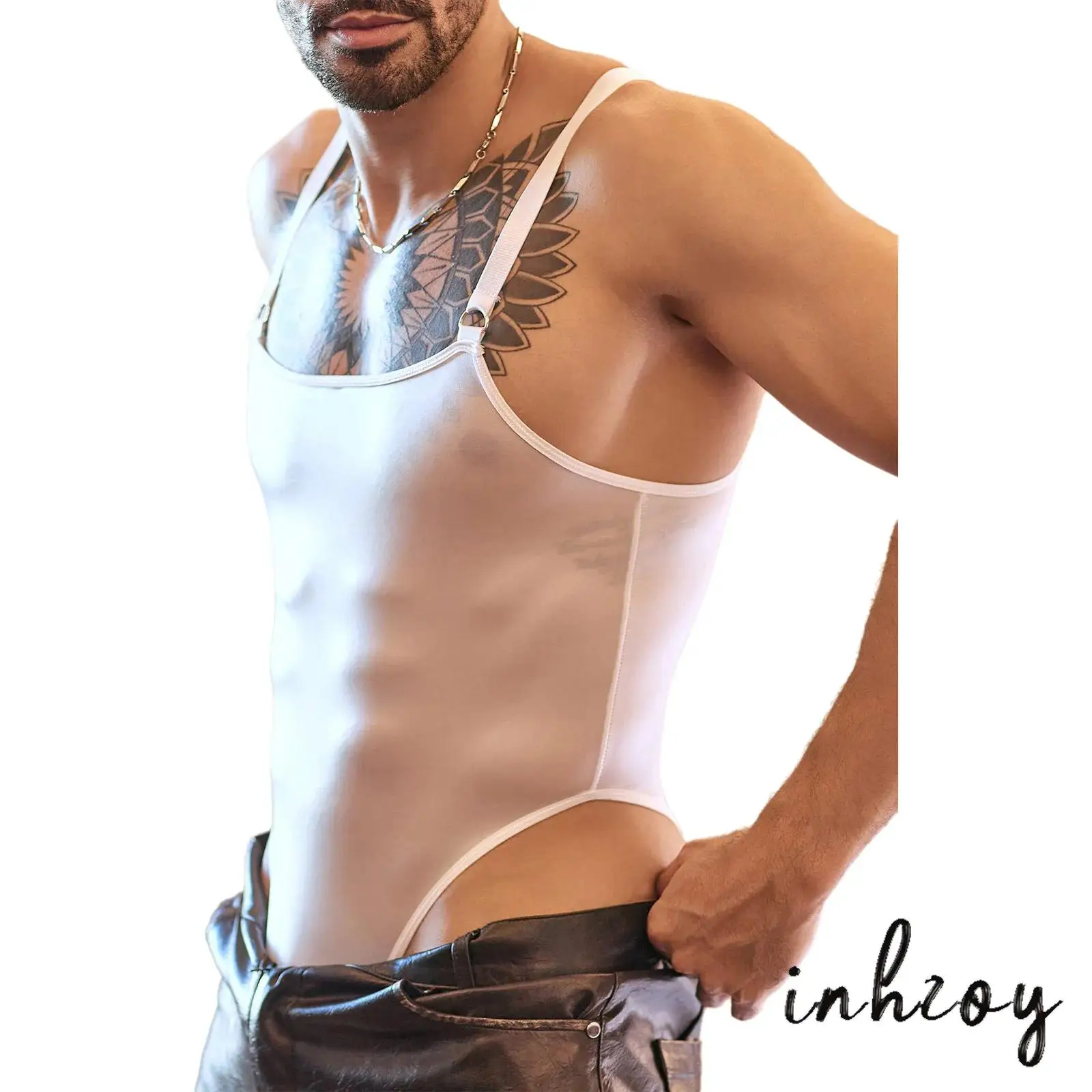 

One-Piece Mens Glossy Sheer Sling Bodysuit High Cutting Backless Erotic Stretchy Leotard Jumpsuit Nightwear for Couples Night