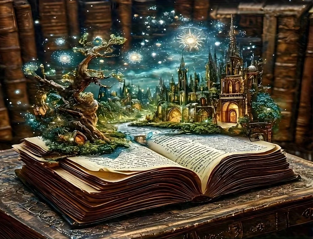 

DIY Magic Open Book Fantasy Castle Jigsaw Puzzle, Enchanted Forest Ancient Wizard Book Starry Night Vintage Library Wall Decor