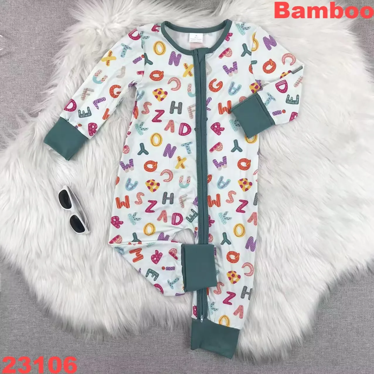 Baby Romper Baby Climbing Colorful Alphabet Print Soft Bamboo Sleepers Zipper Pajamas Cover Hands and Feet