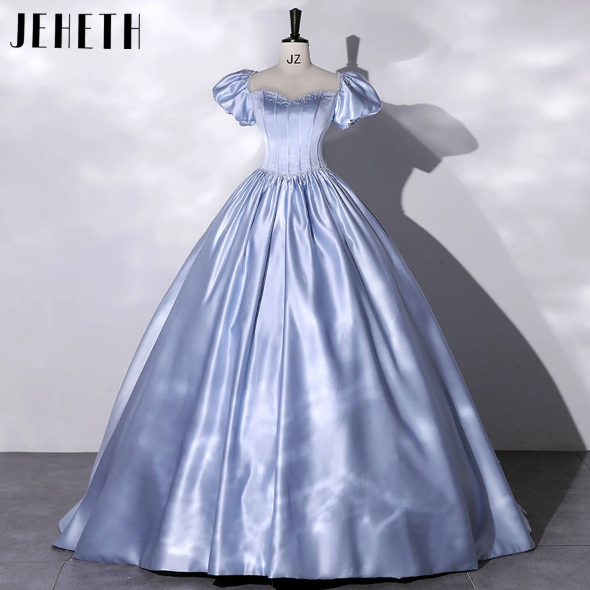 فساتين Quinceanera من الساتان واللؤلؤ بأكمام منتفخة مناسبة رسمية رداء حفلات أعياد الميلاد طول الأرض فيستدو دي فييستا