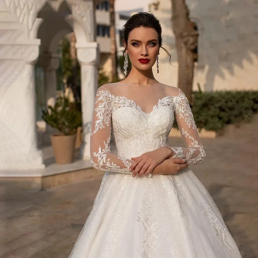 Onelife personalizzato elegante O collo illusione manica lunga abiti da sposa abito da sposa applique in pizzo abito da sposa principessa Vestido