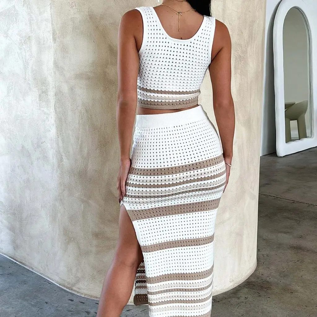 European And American Women's Summer Sleeveless Vest And Split Striped Skirt Knitted Suit Sexy Casual Ensemble
