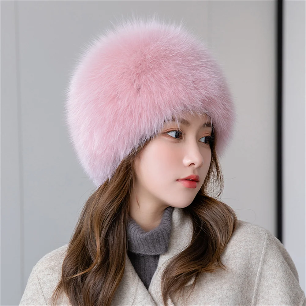 Luxury 100% Natural Real Fox Fur Hat Women Winter Elastic Knitted Real Fox Fur Bomber Cap Girls Warm Soft Fox Fir Beanies Hats