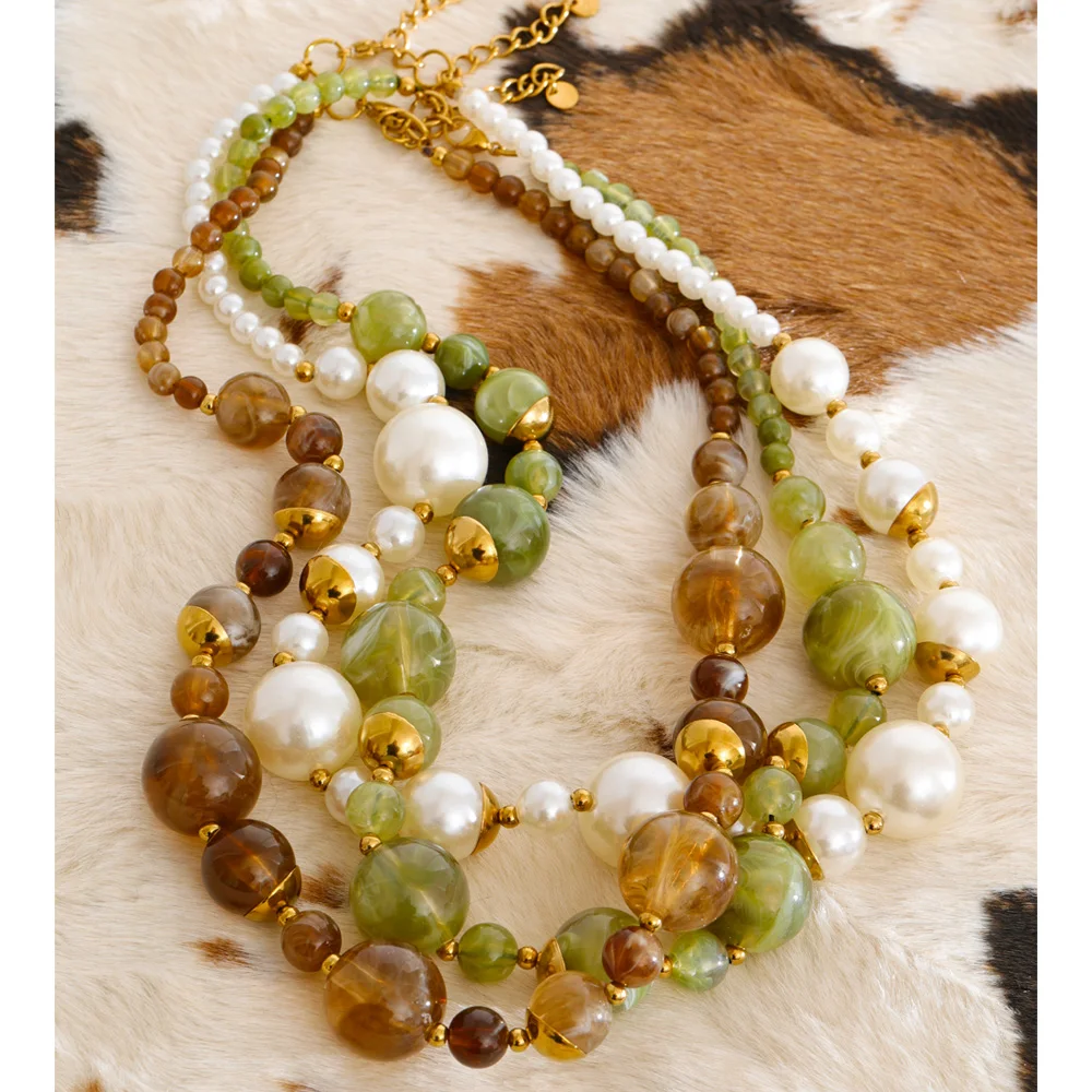 Yhpup New Arrivals Simulated Pearls Resin Acrylic Round Beads Chain Handmade Necklace Stainless Steel Trendy Jewelry Waterproof