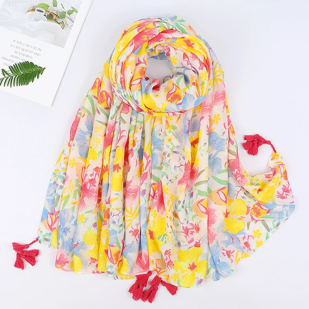 

Bohemian Floral Tassel Viscose Hijab Scarf for Muslim Women Flower Shawl Wrap Pashmina Stole Foulard Femme Hijabs Women Scarves