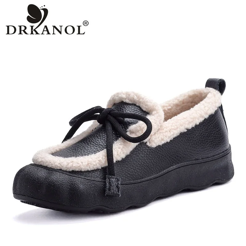 

DRKANOL Women Genuine Leather Slip on Loafers 2026 Winter Fluffy Fur Warm Shoes Thick Sole Comfort Flat Platform Shoes H2527