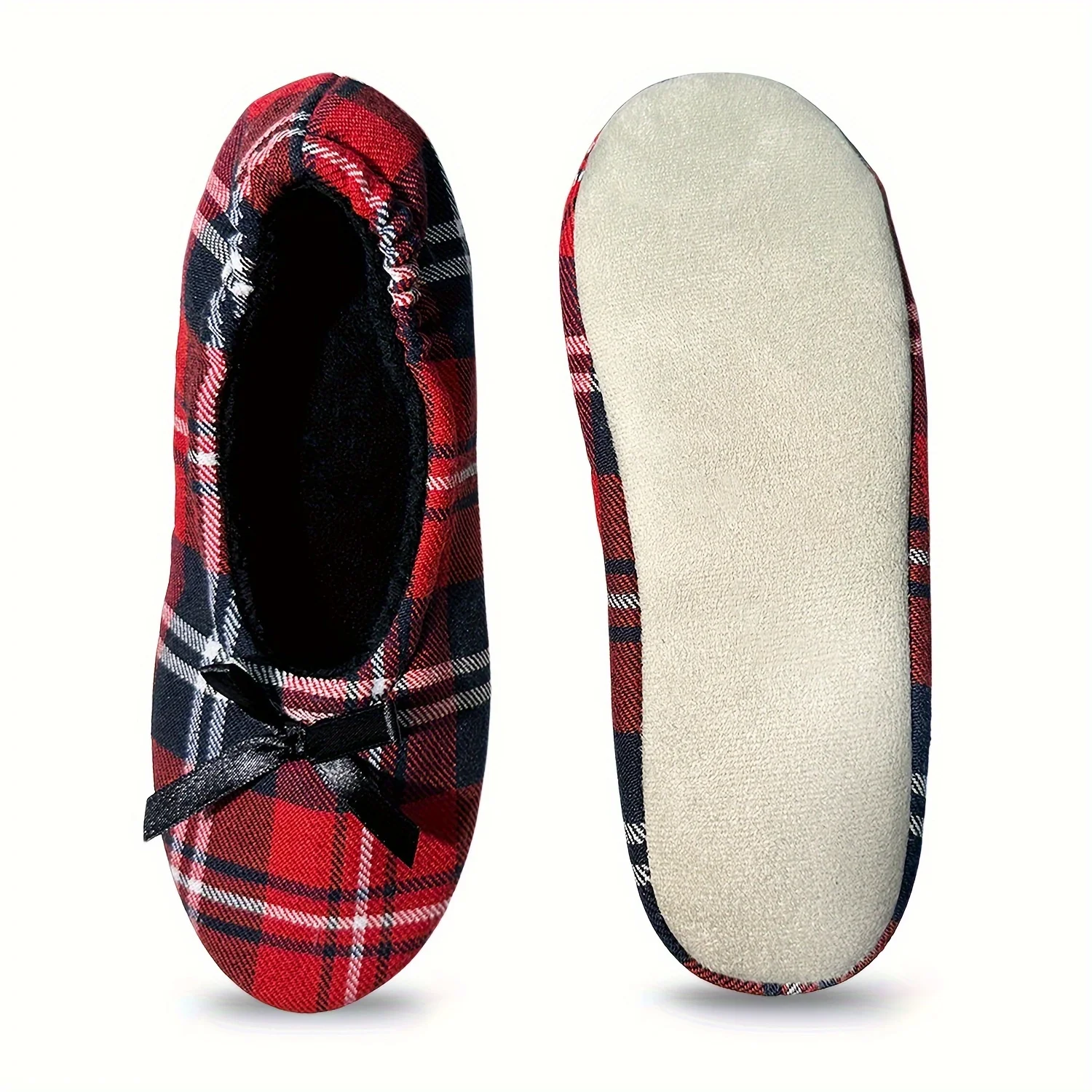 Women's Casual Red Plaid Ballet Flats, Soft Sole Black Bowknot Decor Flats, Lightweight Shallow Mouth Comfort Indoor Ballerina H