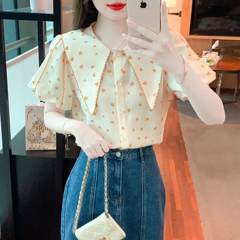 Summer Short Sleeve Doll Collar Women Shirt Fashion Casual Chiffon Shirt Blouse Women Tops Blusas Mujer De Moda 2024 Verano H614